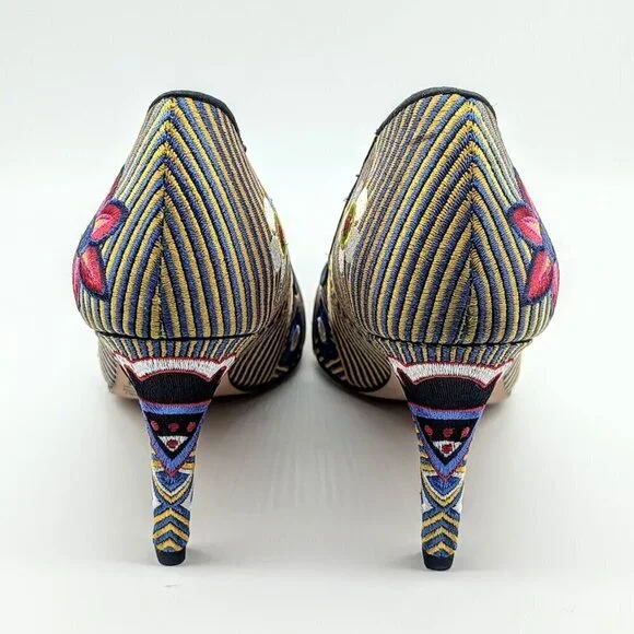 Neiman Marcus Multicolor Floral Striped Embroidered Heels 8M